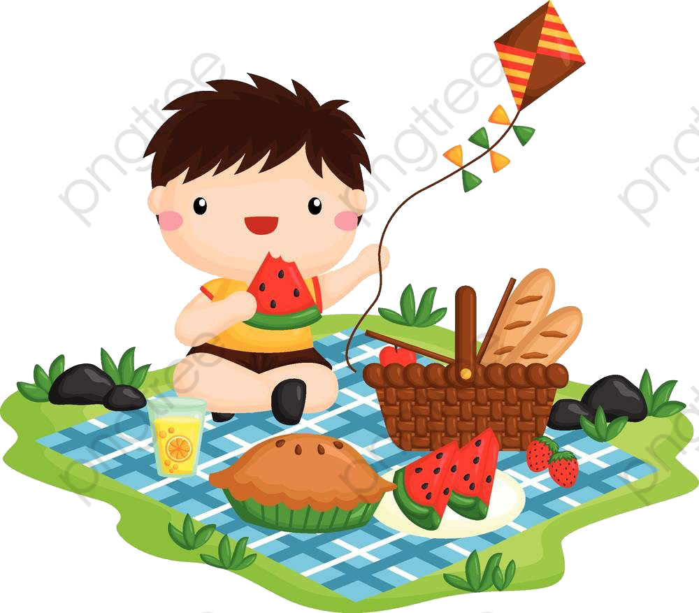 rysunek chłopca na kocu i kosz piknikowy