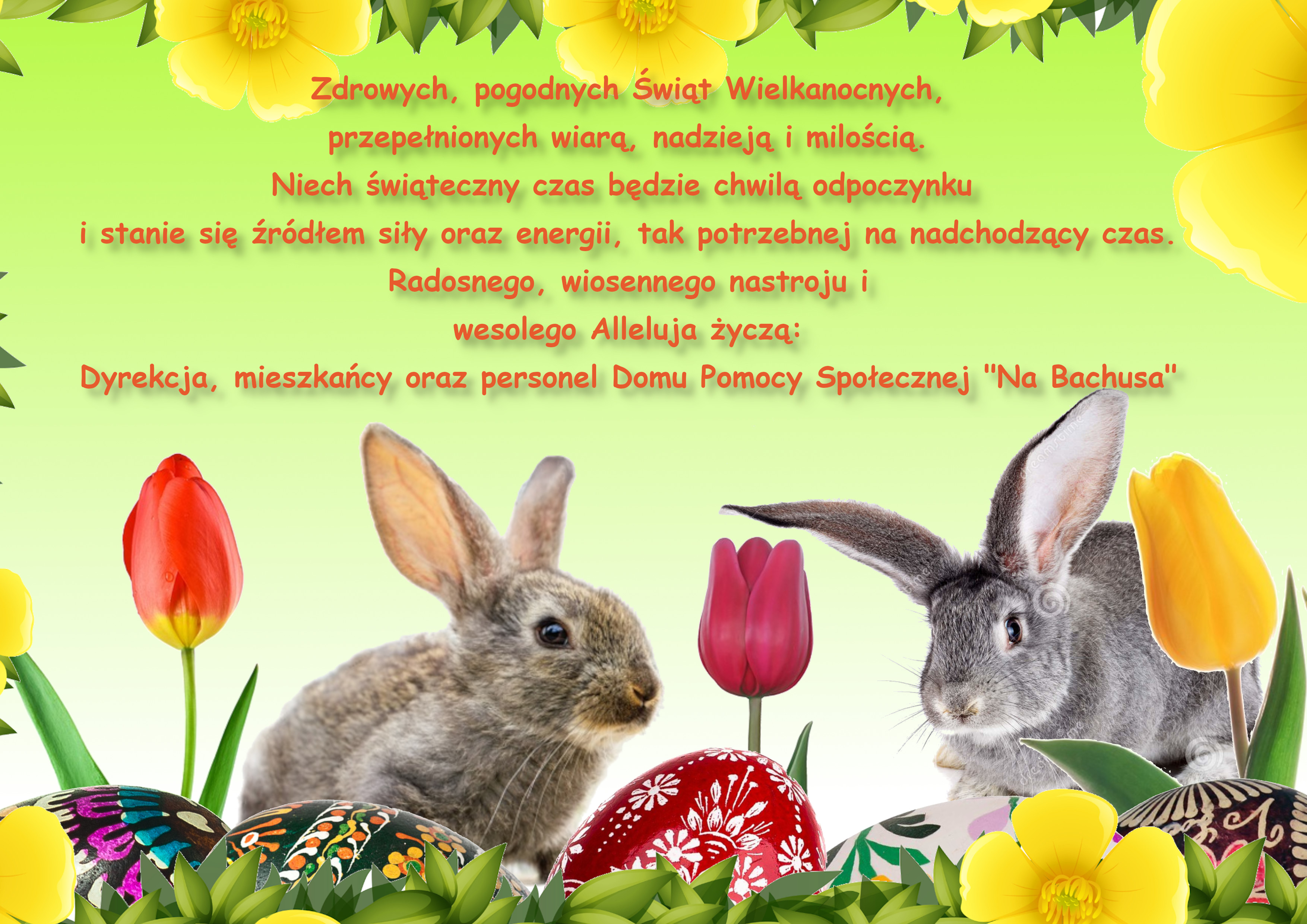 Kartka z życzniami świątecznymi 2 króliki, 3 tulipany i pomalowane 4 pisanki